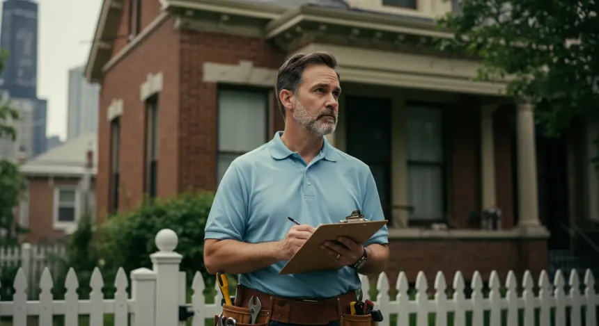 Local buyer evaluating a Chicagoland home, city skyline in the distance