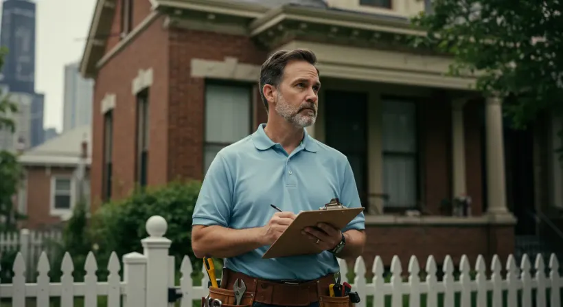 Local Chicagoland home buyer reviewing a property, city skyline in the distance