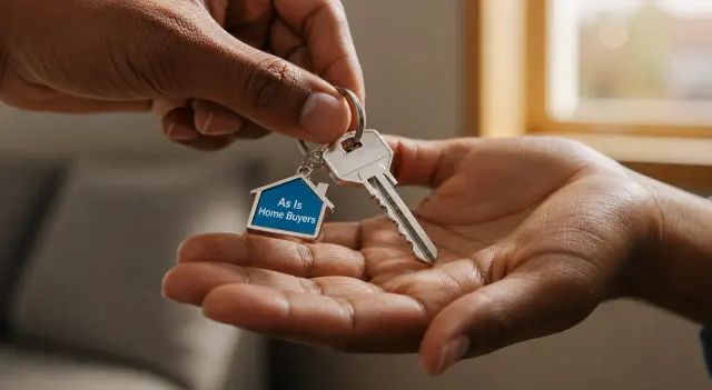 Keys with an As-Is Home Buyers keychain handed over at closing