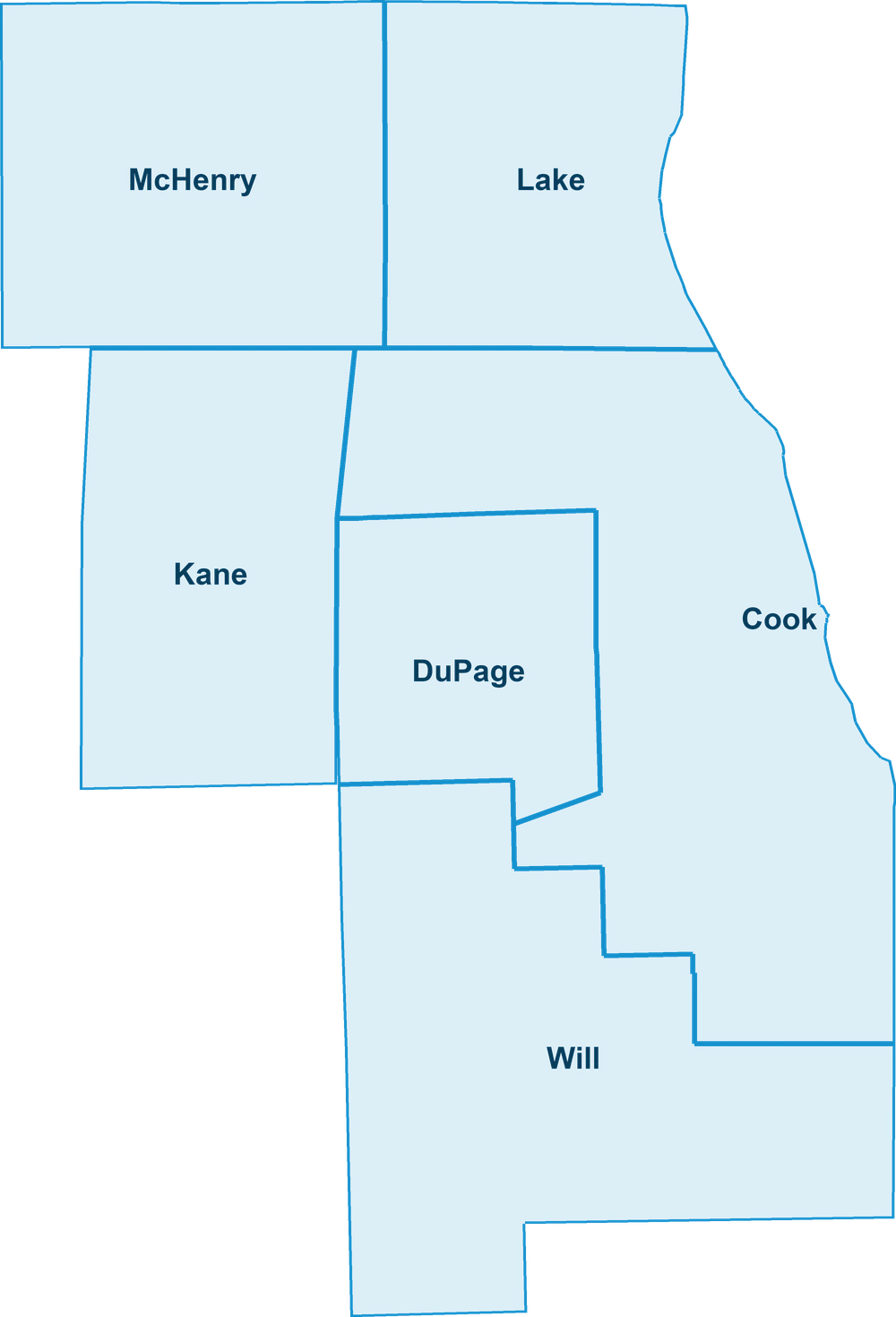 Map of the six Chicagoland counties we buy houses in: Cook, DuPage, Will, Kane, Lake, and McHenry